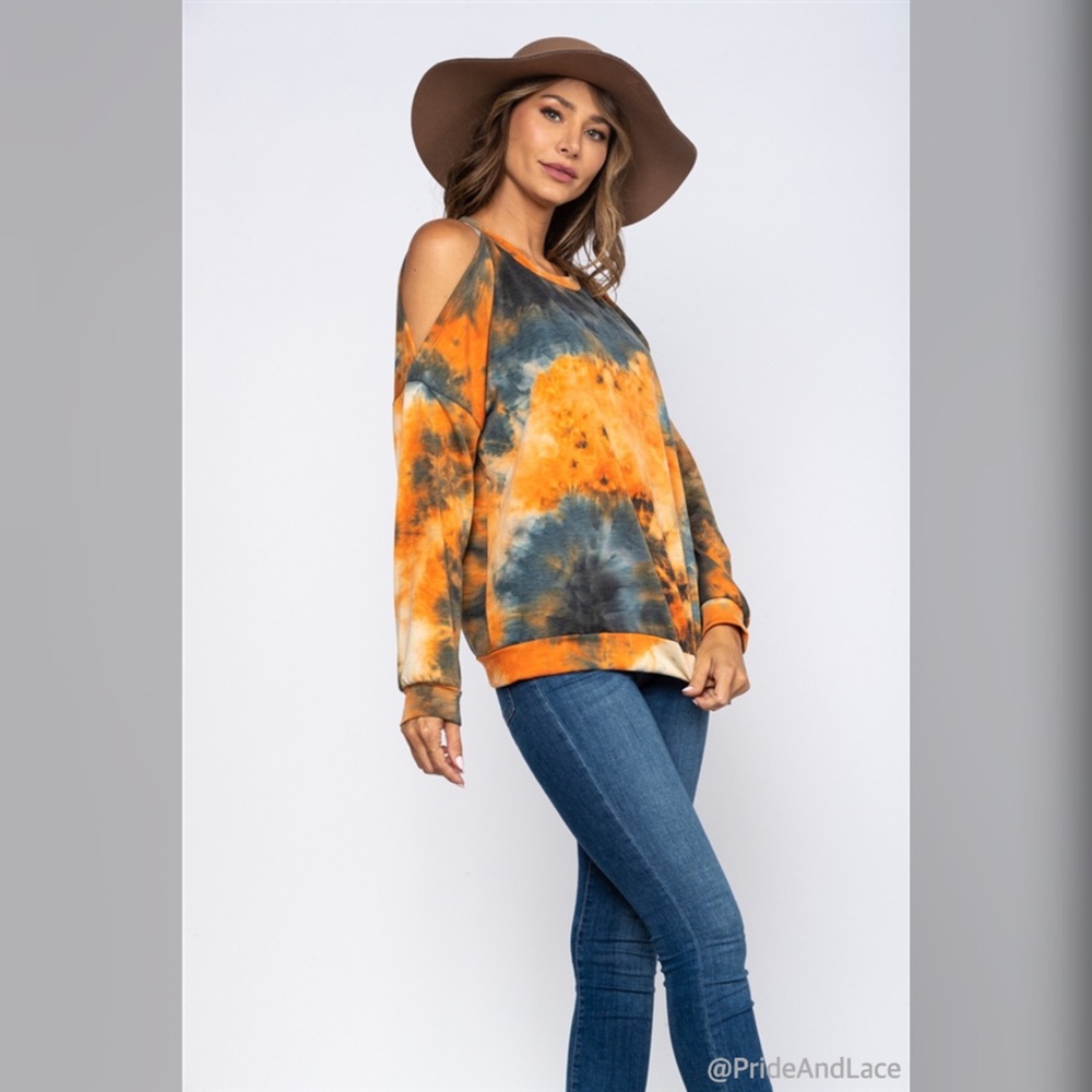 BLACK/RUST TIE DYE COLD SHOULDER TOP - Picture 2 of 5